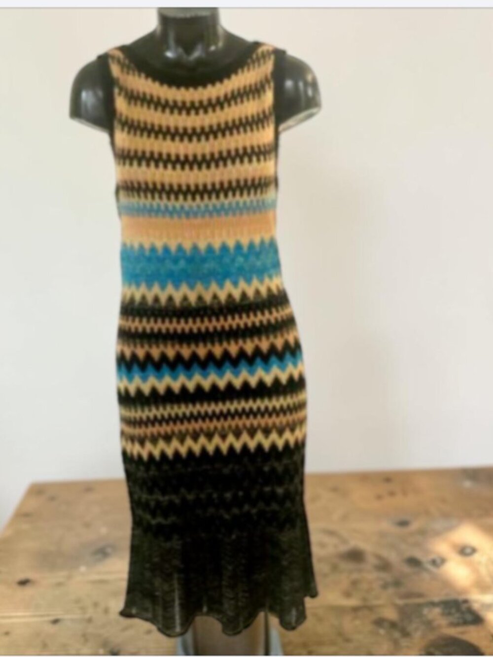Cache knit dress in black, gold and blue zig zag NWT Sz M